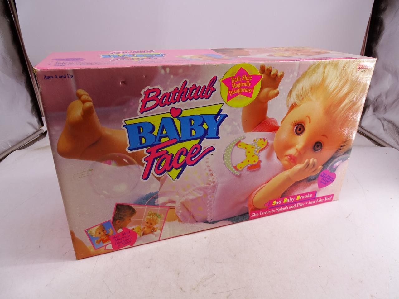 Vintage 1990 Galoob Baby Face Doll Bathtub Sad Baby Brooke w/ Box Toy Blonde Old