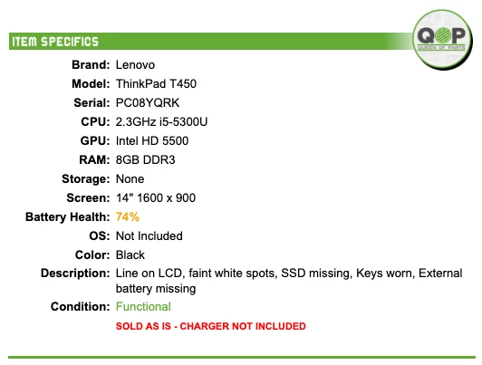 Lenovo ThinkPad T450 - 14" HD, 2.3GHz i5, 8GB RAM, SIN SSD Foto 2 de 4