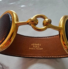 Hermès Signed Black Leather Cuff Bracelet Gold Tone Hook Closure Made France