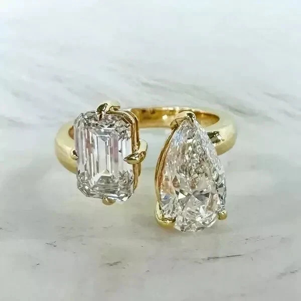 2Ct Emerald Pear Cut  Lab Created Diamond Toi Et Moi Ring 14K Yellow Gold Plated
