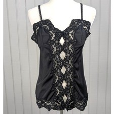 Vintage 70s Glydons Hollywood Nylon Black Floral Lace Keyhole Slip Cami Medium