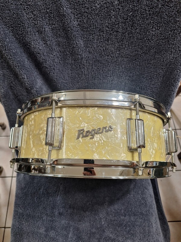 1960s Rogers 5x14 White Marine Pearl Tower Snare Drum