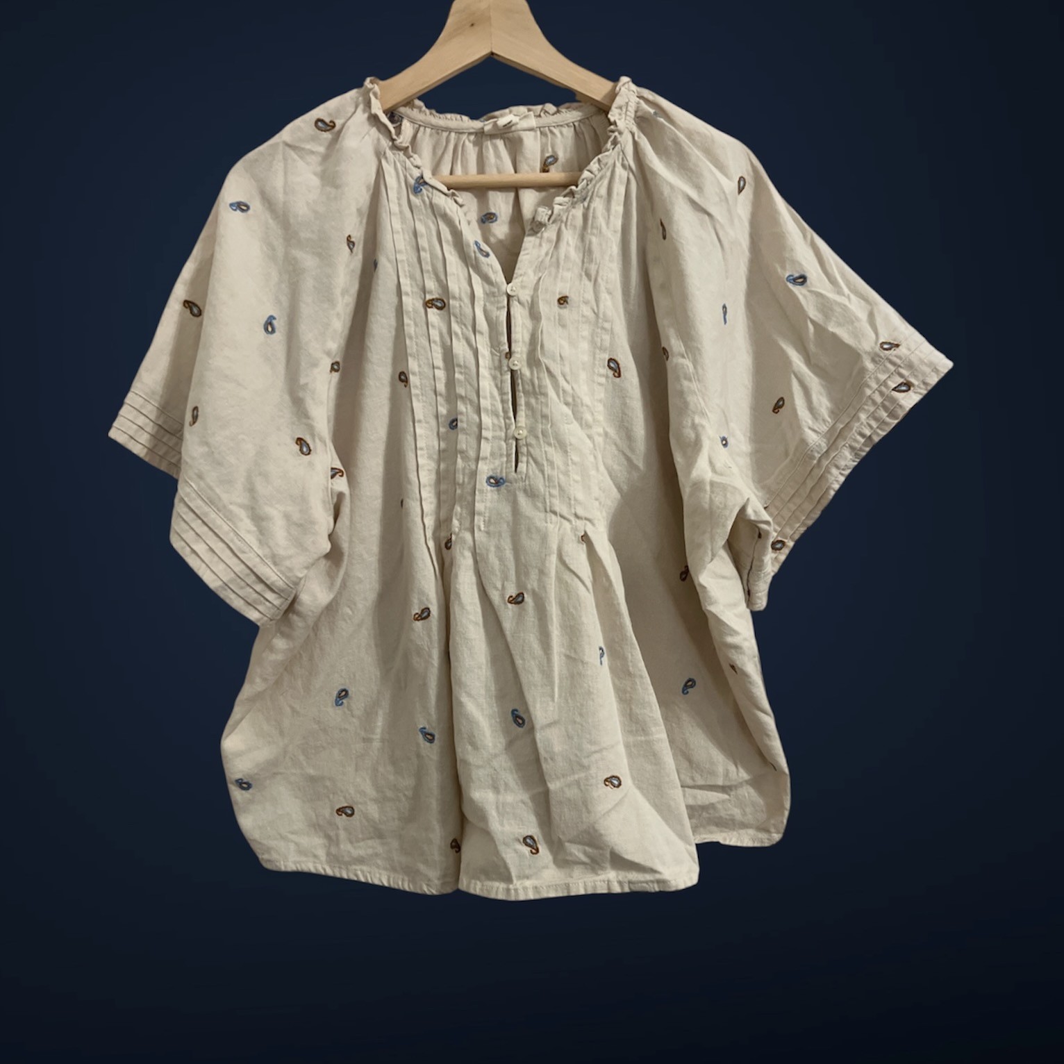 a.n.a. Top Women's XL Embroidered Cotton Linen Blend Short Sleeve Peasant Blouse