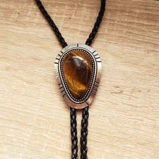 Natural Tiger's Eye Stone Mens Vintage Bolo Tie Wedding Necklace Western Cowboy 