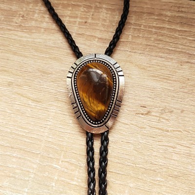 Natural Tiger's Eye Stone Mens Vintage Bolo Tie Wedding Necklace Western Cowboy