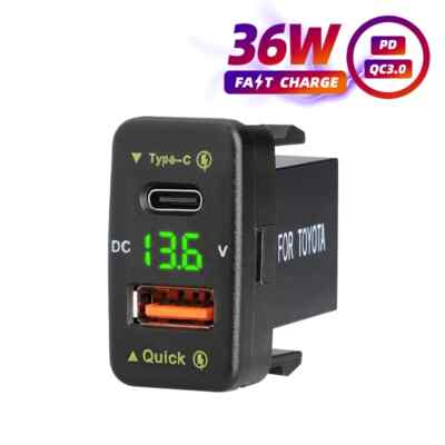 12V USB C Car Charger QC3.0 Type C PD Fast Charging Adapter Voltmeter For Toyota