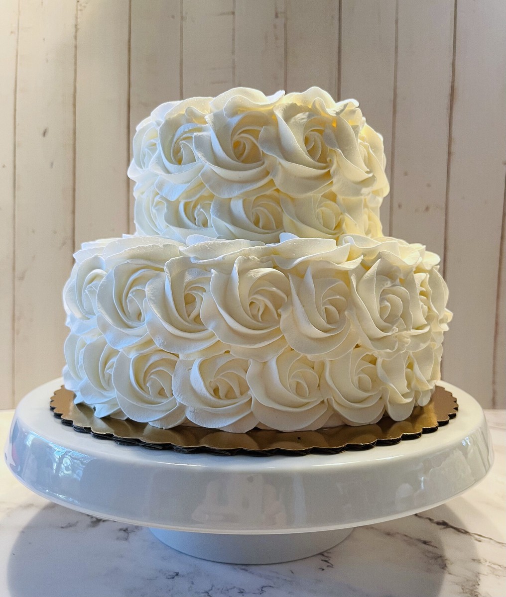 cake DEZICAKES Fake Wedding Cake 2 Tier Ivory Rosette Cake | eBay