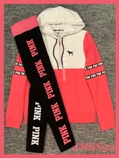Victoria's Secret Pink Full Zip Hoodie + Leggings Set Coral Pink White Black L 