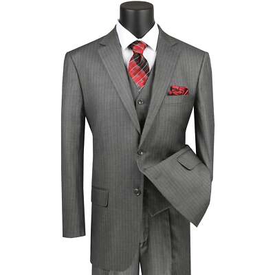 VINCI Men's Gray Pinstripe 3 Piece 2 Button Classic Fit Business Suit - NEW