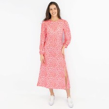 Oasis Womens Dress Pink Midi Long Sleeve Floral Stretch Slit Summer Relaxed Red
