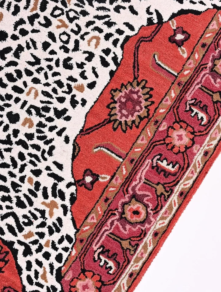 Alfombra acolchada de lana hecha a mano diseño Agnes azul oriental patrón tigre decoración Foto 3 de 4