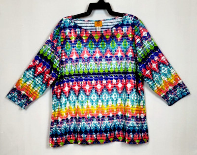 Ruby Rd. Women's Size 1X Multicolor Striped Burnout Lined 3/4 Sleeve Knit Top