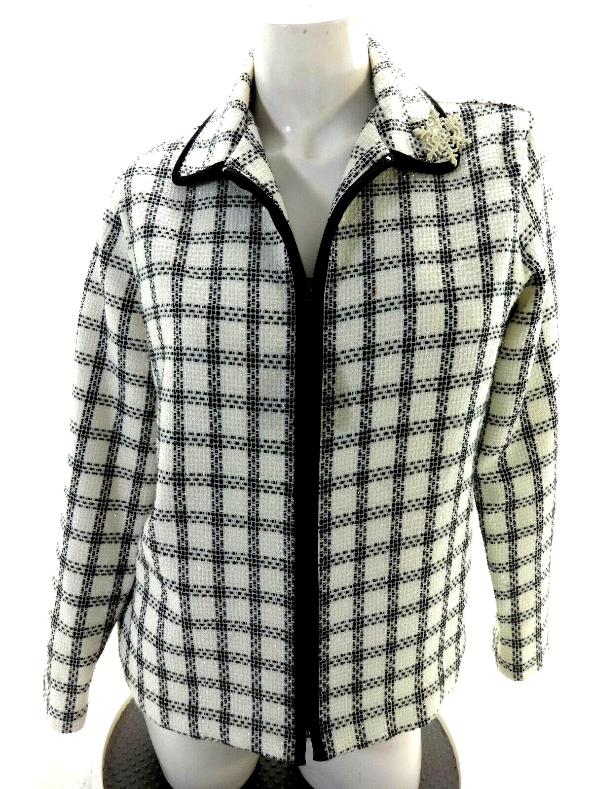 OFF WHITE GIACCA BLAZER ALLISON DALEY DONNA TWEED BIANCO E NERO ZIP DAVANTI TAGLIA 10