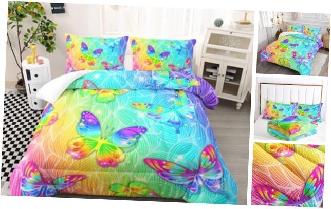 Rainbow Butterfly Size Comforter Set for Girls, Colorful Quilt Queen Style 10