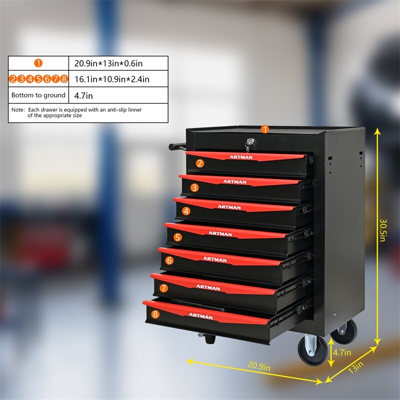 7 Drawers Rolling Tool Box Cart Tool Chest Tool Storage Cabinet w/ Lock & Key