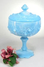 FENTON Covered Compote Candy Dish Blue and White Slag Glass 8-1/2" t x 5-1/2"