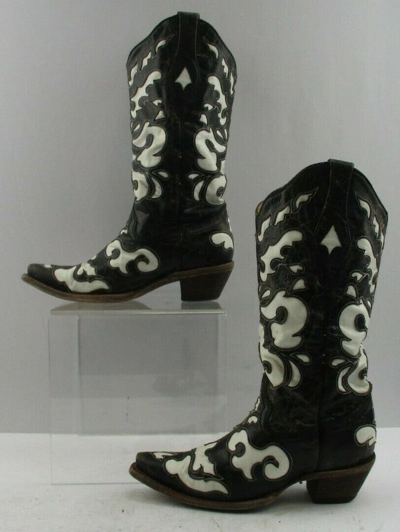 Ladies Corral Black White Leather Distressed Snip Toe Western
