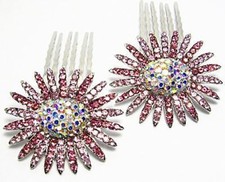 2PCS SUNFLOWER PINK AUSTRIAN RHINESTONE CRYSTAL HAIR COMBS BARRETTE CLIP C1150P