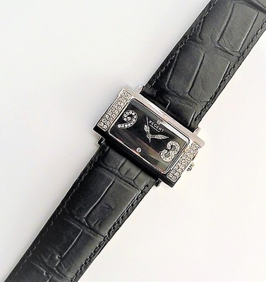 Regent Damenuhr Edelstahl mit Steinbesatz Lederarmband Schwarz NEU