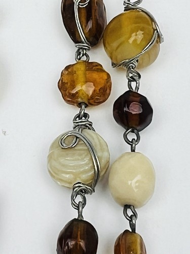 VTG Brown Tan Textured Glass Bead Gold Tone Wire Wrapped Beaded Strand Necklace - Picture 11 of 13
