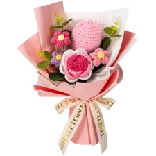 Crochet Flower Bouquet Completed Crochet Rose Tulip Flowers for Graduation Gi...