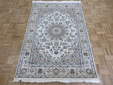 4'1 x 6 Hand Knotted Ivory Fine Nain With Silk Oriental Rug G14771