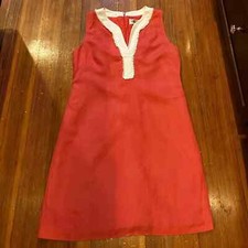 Eliza J Pink Linen Sheath Dress with White V Neck, Size 8 - Runs Small!