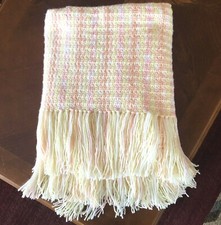 VTG Hand Crocheted Crib Afghan Throw Blanket Yellow Peach Pink Clean