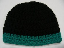 BLACK WITH TEAL TRIM - NEWBORN INFANT SIZE STOCKING CAP BEANIE HAT 