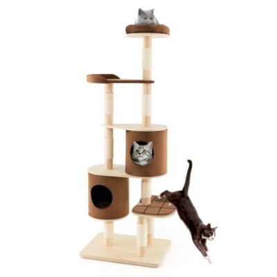 6-Tier Wood Cat Tree 2 Removable Condo Outside Cover 2 Wide Platform & Top Perch