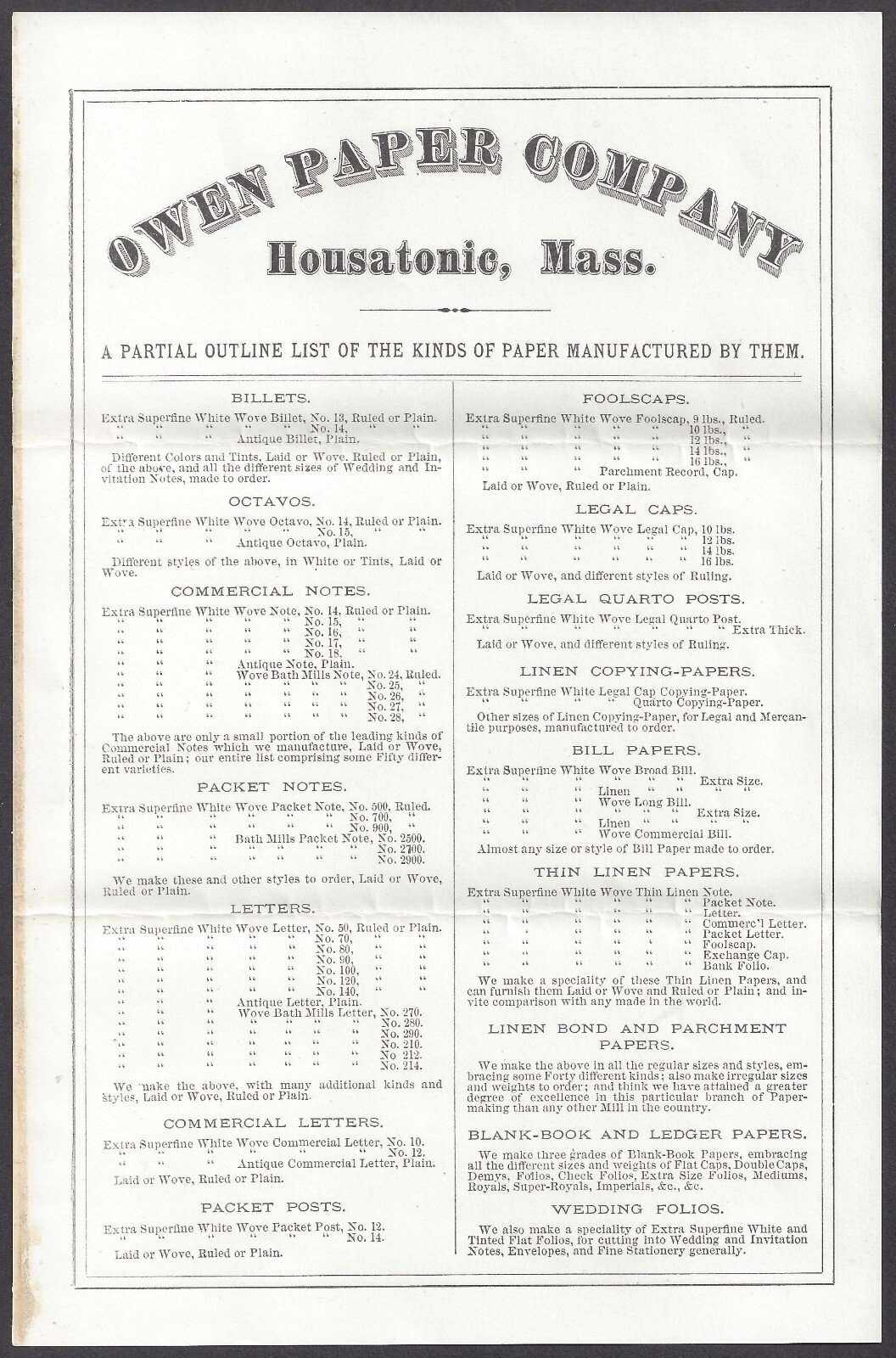 HOUSATONIC, MA OWEN PAPER COMPANY, LIST OF PAPERS MADE HANDBILL c