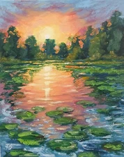 ORIGINAL Oil Painting IMPRESSIONISM Water Lillies Landscape Fine Art 8x10