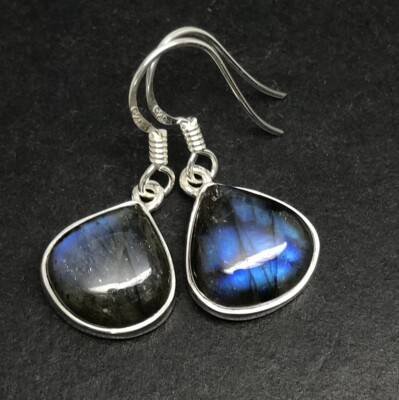 Labradorite drop earrings, Solid Sterling Silver, pear. Blue flashes. Actual one