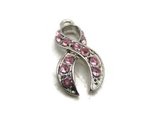 Breast Cancer Awareness Pink Ribbon Charm Pendant Silver Tone Metal Pink