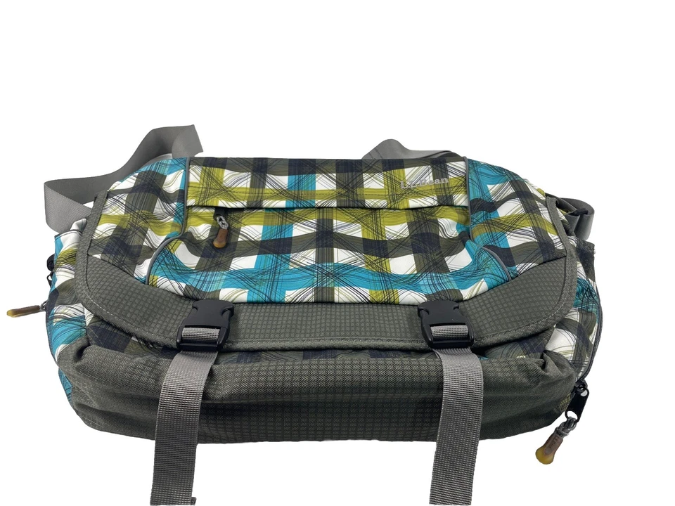 LL Bean 邮差包 便携式电脑包 绿松石 绿色格子 尼龙 分口袋 学校 — 第 2/4 张图片