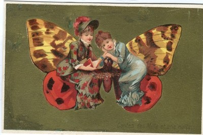 Glanzbilder scraps Karte  Damen  Buch lesen  Schmetterling  Au Bon Marche 12 cm