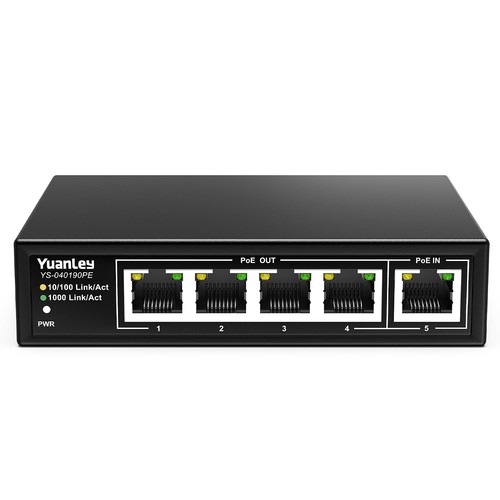 5 Port PoE Extender Gigabit with 4 PoE Out, 90W in, IEEE 802.3af/at/bt Mini 5...