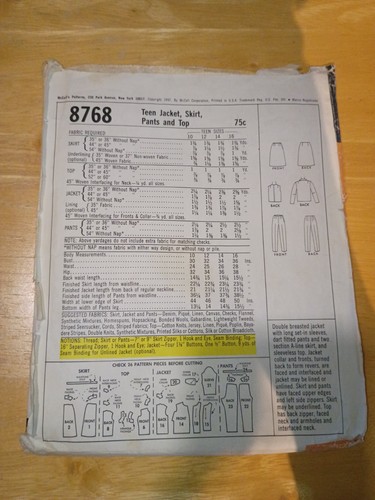 Vintage McCall's Teen Jacket Skirt Pants Top Pattern #8768 Size 12, Bust 32 CUT - Picture 2 of 3