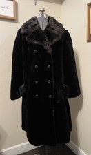 VTG NWT 70s Med. Black w/ Brown Trim Plush Luxe Faux Fur Coat Mob Wife Luxury