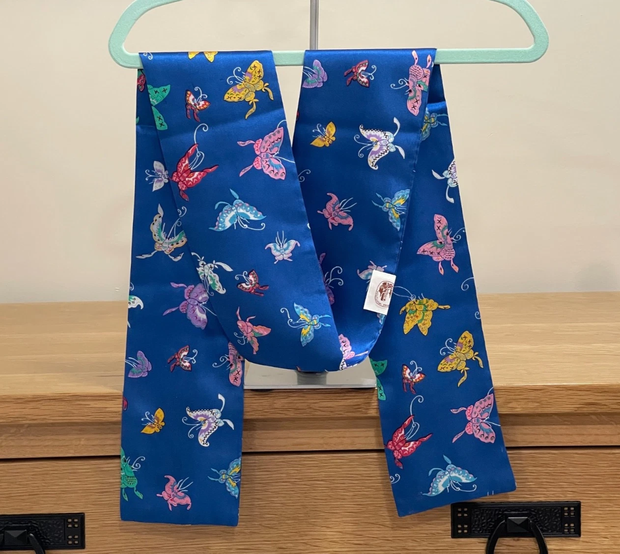 100% Silk Scarf/Sash, Royal Blue w/Multi-Colored Butterflies, SMITHSONIAN
