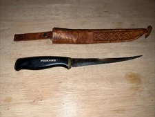 Normark Fiskars Finland 1960's Vintage Stainless Fillet Knife w/Leather Sheath