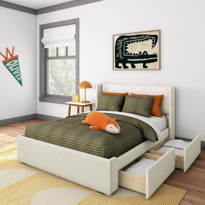 Max & Lily Cream Upholstered Full Bed Frame with Storage Drawers, Easy Assembly