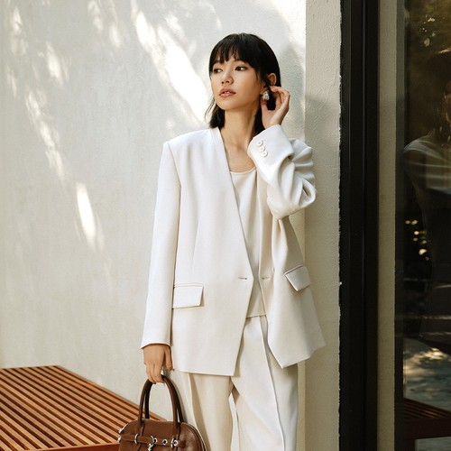New Women's Blazer Spring Oversized One Button Grey Suit Jacket Casual Coat