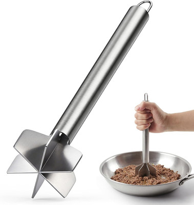 Meat Masher, Stainless Steel Ground Beef Masher 10.8Inch Potato Chopper with Han