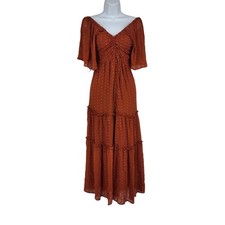 Anthropologie Ruched Ruffle Orange Swiss Dot Cutout Button Maxi Dress Size XS