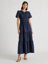 Quince Women's Navy Poplin Smocked Waist Tiered Maxi Dress Medium NWT