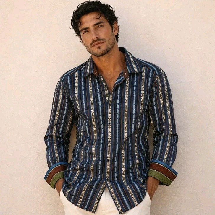 Robert Graham Button Up Flip Cuff Shirt Men’s Sz L Blue/Brown Multicolor Striped