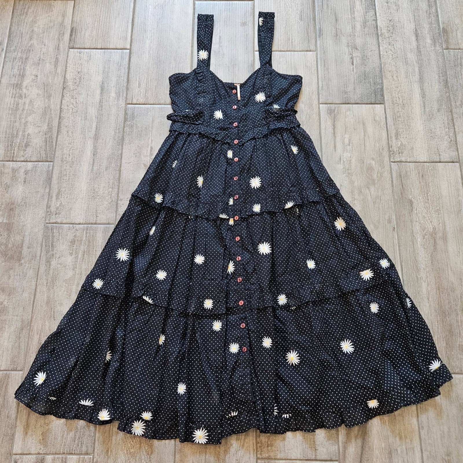Free People Daisy Chain midi dress Size XS Black Polka Dot Embroidered Boho