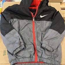 Nike Jacket Fleece Lined Hood Kids Size 4 Gray Black Red Zip Front