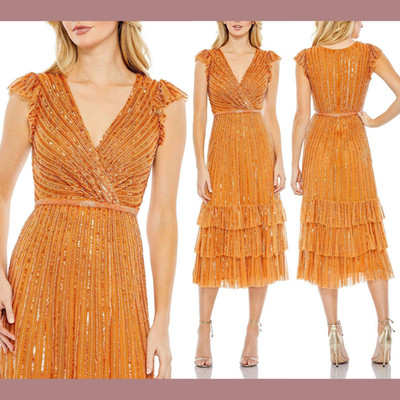 NWT Mac Duggal [ 18 ] 5585 Sequined Wrap Over Cap Sleeve Ruffle Hem Dress S974